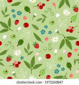 Cute summer print with forest berries, flowers and leaves. Garden seamless floral pattern - raspberry, cherry, gooseberry, red currant, daisy and forget-me-not on green background