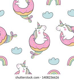Cute summer print with unicorn - mermaid with sweet donut.  Seamless pattern