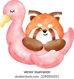 Cute summer red panda, red panda vector illustration, watercolor red panda 