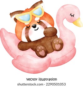 Cute summer red panda, red panda vector illustration, watercolor red panda 