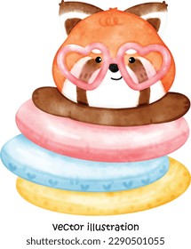 Cute summer red panda, red panda vector illustration, watercolor red panda 