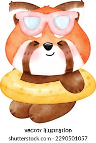 Cute summer red panda, red panda vector illustration, watercolor red panda 