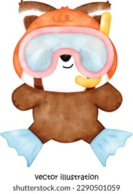 Cute summer red panda, red panda vector illustration, watercolor red panda 