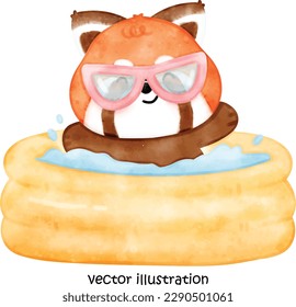 Cute summer red panda, red panda vector illustration, watercolor red panda 