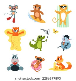 Cute summer resting animals. Beach animal vacation, surfins and sunbath. Funny travel, monkey and crocodile, fox and hippo classy vector set