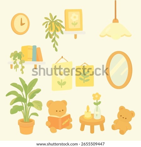 A cute summer room vector set with cozy bears, plants, books, and soft light — perfect for calm, relaxing vibes and aesthetic design needs.