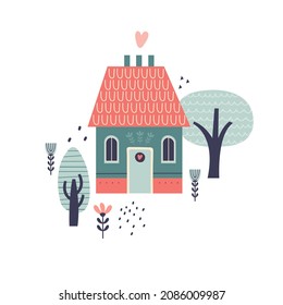 Cute summer rustic landscape with a cozy house, trees and flowers. Abstract composition of countryside and nature. Hand drawn vector flat composition in Scandinavian style for a poster or postcard