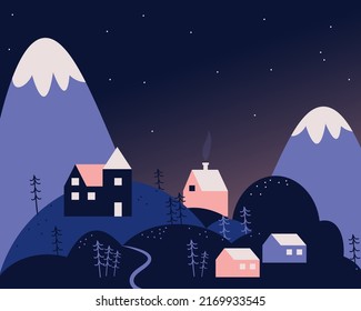 Cute summer rustic landscape with a cozy house, trees and mountains. Abstract composition of countryside and nature. Hand drawn vector flat composition in Scandinavian style for a poster or postcard