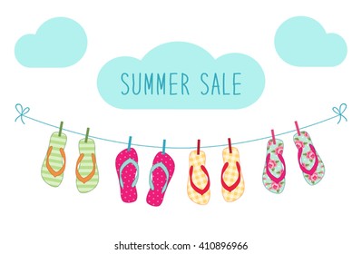 Cute Summer Sale banner as different flip flops on string