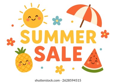 Cute summer sale banner with smiling sun, umbrella, pineapple, watermelon and flowers. Colorful vector illustration perfect for seasonal promotions and advertisements