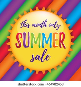 Cute summer sale colorful illustration with sun and rainbow