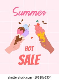 Cute summer sales flyer or poster with ice cream in hands.