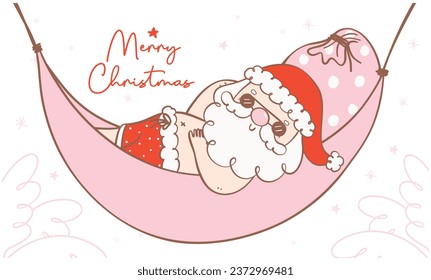 Cute summer santa claus Christmas sunbathing in hammock. Kawaii joyful Holiday Cartoon doodle hand drawing. Idea for greeting card, invitations, and more.