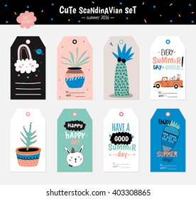 Cute Summer Scandinavian Set of Greeting Cards, Gift Tags, Stickers and Labels Templates with Trendy Holiday Elements and Stylish Typographic. Vector. Isolated