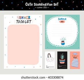 Cute Summer Scandinavian Set of Greeting Cards, Gift Tags, Stickers and Labels Templates with Trendy Holiday Elements and Stylish Typographic. Vector. Isolated