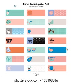 Cute Summer Scandinavian Set of Greeting Cards, Gift Tags, Stickers and Labels Templates with Trendy Holiday Elements and Stylish Typographic. Vector. Isolated