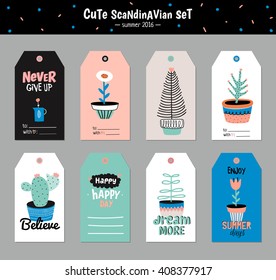 Cute Summer Scandinavian Set of Greeting Cards, Gift Tags, Stickers and Labels Templates with Trendy Holiday Elements and Typographic. Vector. Isolated