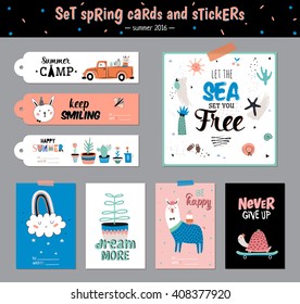 Cute Summer Scandinavian Set of Greeting Cards, Gift Tags, Stickers and Labels Templates with Trendy Holiday Elements and Typographic. Vector. Isolated