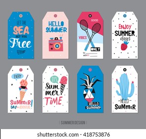 Cute Summer Scandinavian Set of Greeting Cards, Gift Tags, Stickers and Labels Templates with Trendy Holiday Elements and Typographic. Vector. Isolated. Sport, Pineapple, Ice cream, Camera, Fruits