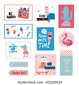 Cute Summer Scandinavian Set of Greeting Cards, Gift Tags, Stickers and Labels Templates with Trendy Holidays Elements. Vector. Modern Concept with Graphic Design Elements. Flamingo, Ice cream