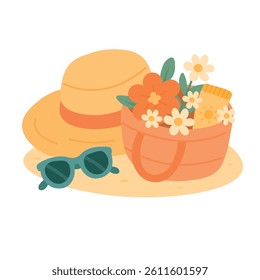Cute summer scene with hat, sunglasses, beach bag with flowers and sunscreen, flat cartoon style.