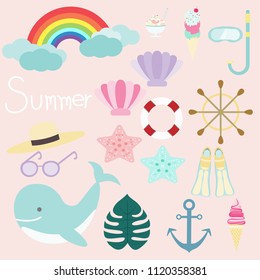Cute summer with sea animals on pink background, sea set.