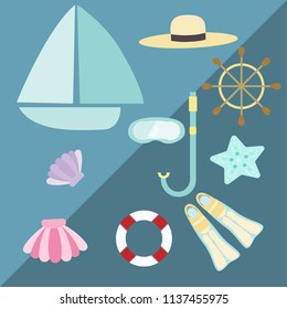 Cute summer with sea animals on blue background, sea set.