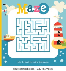 Cute Summer Sea Maze game for children. Help Boat get to Lighthouse. Vector illustration. Labyrinth for kids activity book. Book square format.