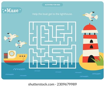 Cute Summer Sea Maze Spiel für Kinder. Hilf mit dem Boot zum Leuchtturm zu kommen. Vektorgrafik. Labyrinth für Kinder Aktivitätsbuch.