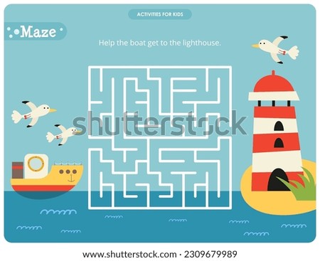 Cute Summer Sea Maze game for children. Help Boat get to Lighthouse. Vector illustration. Labyrinth for kids activity book.