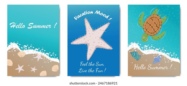 Cute summer sea posters. Turtle, starfish, shell, sea life, ocean design elements for print, poster, card.