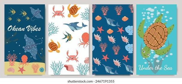 Cute summer sea posters. Turtle, starfish, shell, sea life, ocean design elements for print, poster, card.