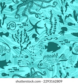 Frische Sommer Meer nahtlose Muster mit Algen, Muscheln und Fisch. Leben eines tropischen Riffs - Unterwasserbewohner, Seesterne, Muscheln und Algen auf blauem Hintergrund