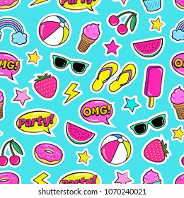 Cute summer seamless colorful pattern of fashion patches: strawberry, slippers, ball,ice-cream, donut, watermelon, cherry, cupcake, speech bubbles etc. Cartoon stickers. Vector illustration