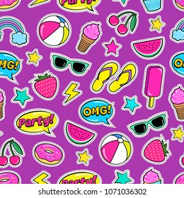 Cute summer seamless colorful pattern of fashion patches: strawberry, slippers, ball,ice-cream, donut, watermelon, cherry, cupcake, speech bubbles etc. Cartoon stickers. Vector illustration