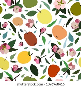 Cute summer seamless pattern with apples, leaves and flowers. Simple colorful nature background. Fruits illustration for wedding, invitations, paper, textile design