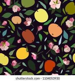Cute summer seamless pattern with apples, leaves and flowers. Simple colorful nature background. Fruits illustration for wedding, invitations, paper, textile design