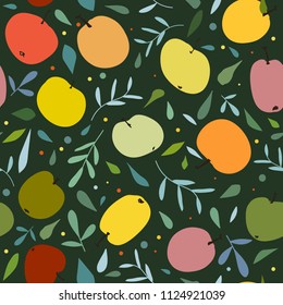 Cute summer seamless pattern with apples and leaves. Simple colorful fruits background. Illustration for wedding, invitations, paper, textile design
