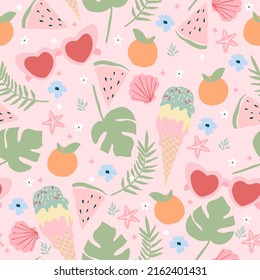 Cute summer seamless pattern. Background with ice cream, monster, watermelon and seashells.