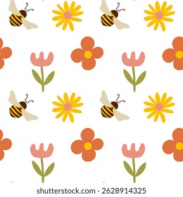Motif mignon harmonieux d'été avec des abeilles et des fleurs sauvages simples.