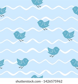 Cute  summer seamless pattern with birds and waves.