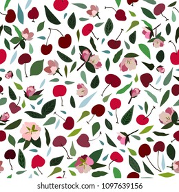 Cute summer seamless pattern with blossom cherry and berries. Beautiful floral nature template background. Fruits illustration for wedding, invitations, paper, textile design