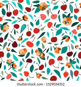 Cute summer seamless pattern with blossom cherry and berries. Beautiful floral nature template background. Fruits illustration for wedding, invitations, paper, textile design