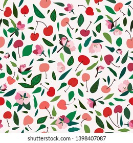 Cute summer seamless pattern with blossom cherry and berries. Beautiful floral nature template background. Fruits illustration for wedding, invitations, paper, textile design