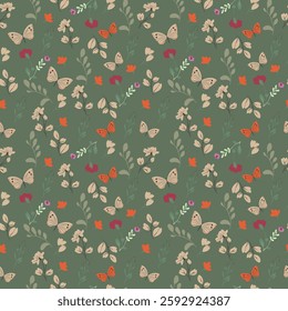 Cute Summer seamless pattern. Blossom flowers , green leaves, buterflies on the Green background.