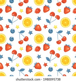 Cute summer seamless pattern with cherries, strawberries and lemons or oranges. Vibrant print for textiles, wrapping paper and designs. Vector flat illustration