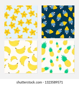 Cute summer seamless pattern collection with juicy fruits, flowers and  ice cream. Beach party vector background.