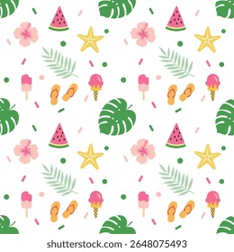 Cute Summer Seamless Pattern Collection. Watermelon, Pineapple, Ice Cream, Hibiscus, Palm Trees, and Starfish Elements for Wrapping Paper, Children’s Fashion, Stationery, and Holiday Themed