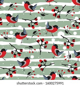 Cute Summer Seamless Pattern with colorful bird and berries. Vector Illustration