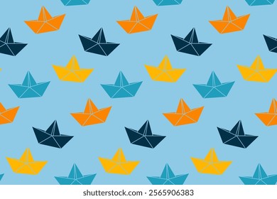 Cute summer seamless pattern with colorful paper boats. Design for wrapping paper, clothing, fabric, textile. Vector illustration